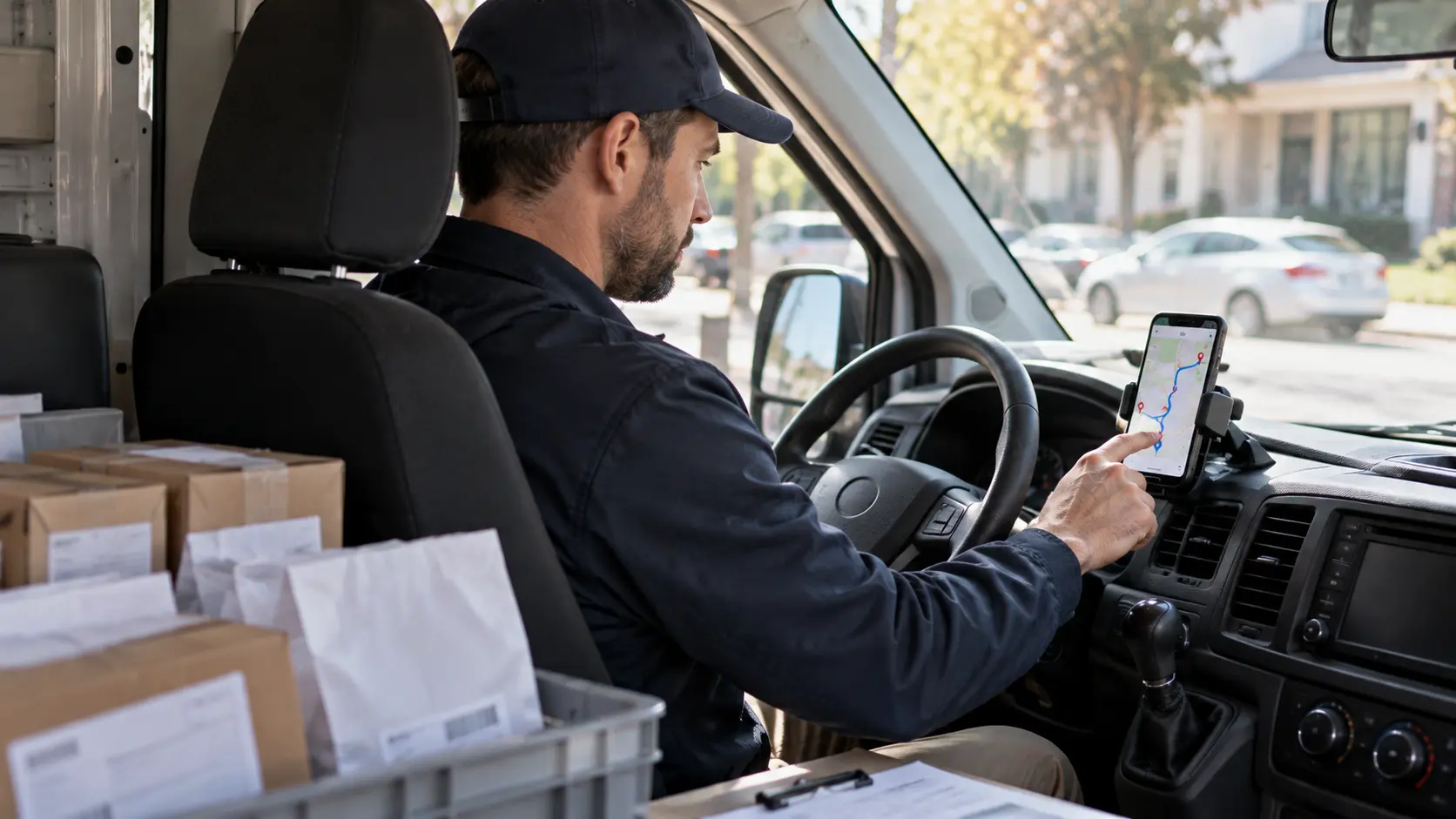 A medical courier checks a route on a mounted phone inside a parked delivery van with parcels in the back.