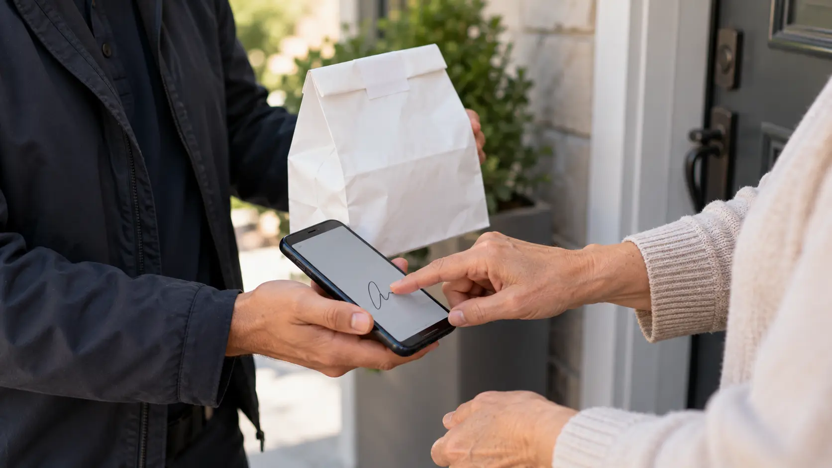 A courier collects a recipient's signature on a smartphone while handing over a sealed pharmacy delivery bag.