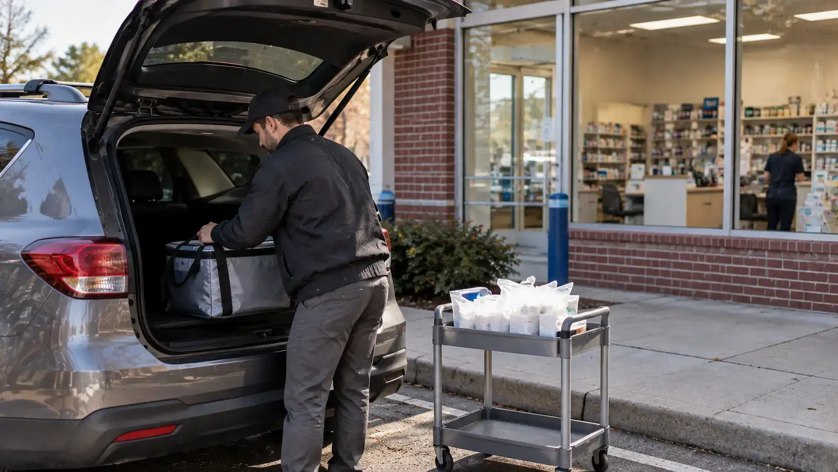 Two delivery drivers loading two separate insulated bags into vehicles parked outside a neighborhood pharmacy