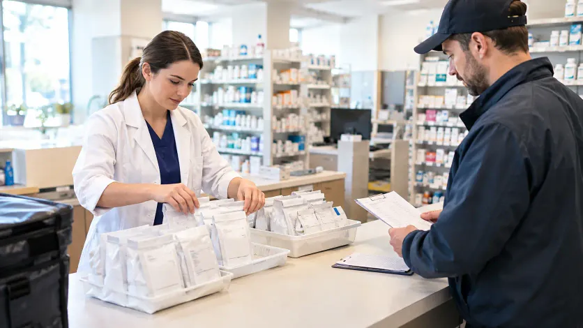 109 (including spaces): Pharmacy employee sorting sealed prescription delivery bags at a counter while a courier checks a pickup list