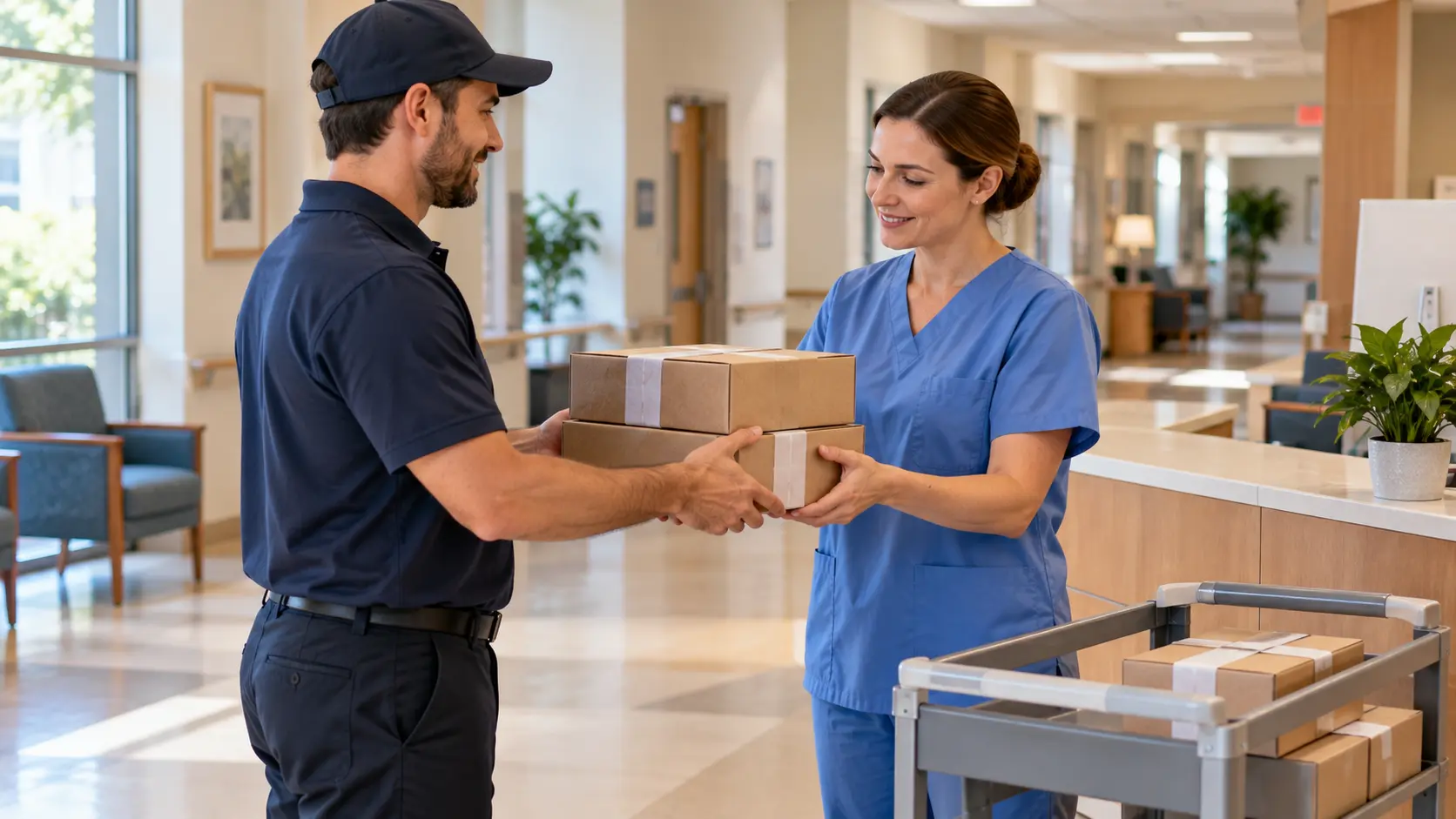 A courier handing sealed supply cartons to a care facility staff member in a bright reception hallway.