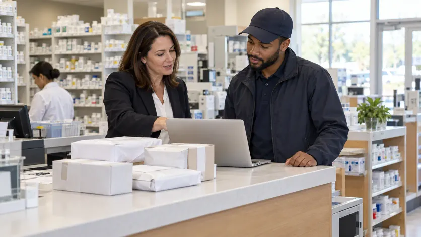 Pharmacy manager and courier reviewing a laptop together beside a counter lined with sealed delivery parcels