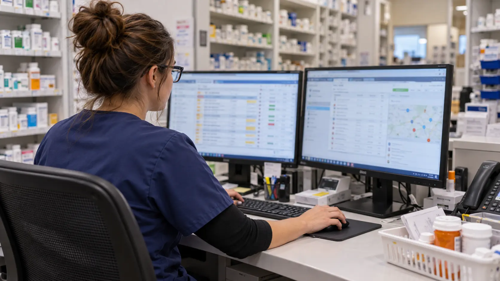 Pharmacy technician working at two computer monitors beside a dispensing counter and organized shelves