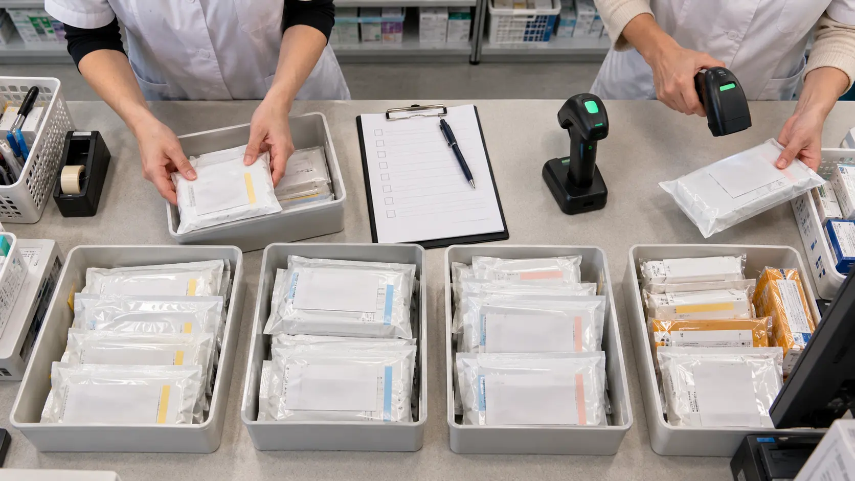 Overhead view of hands sorting sealed pharmacy delivery parcels beside a barcode scanner and a paper checklist