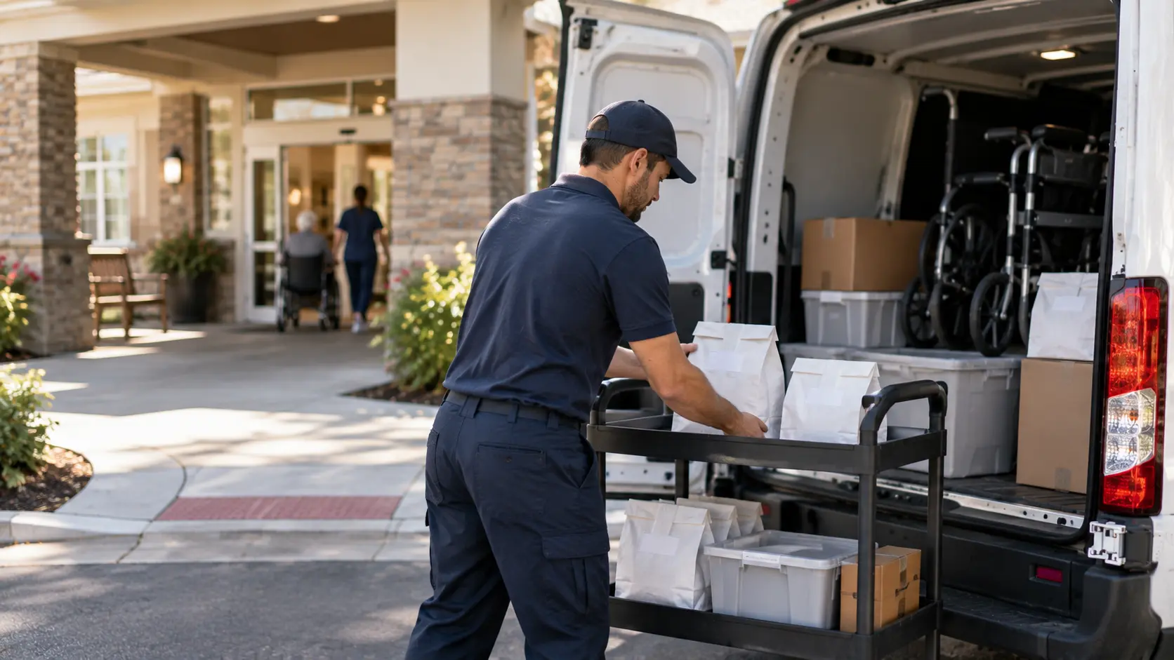 Courier loads a folded walker and sealed delivery bags into a van parked outside a modern care facility.