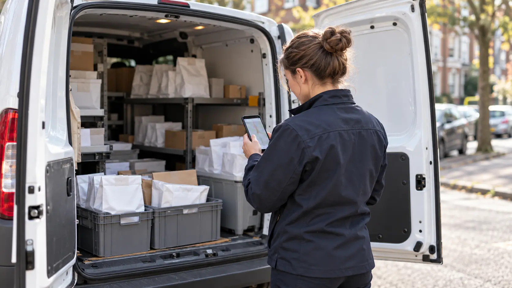 Parked delivery driver checks a route map on a smartphone inside a van before visiting the next pharmacy stop.