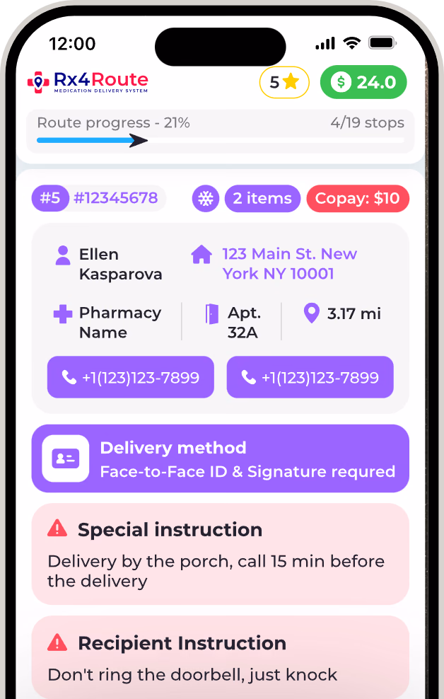 Smartphone app screen showing driver route progress, delivery address, phone buttons and instructions